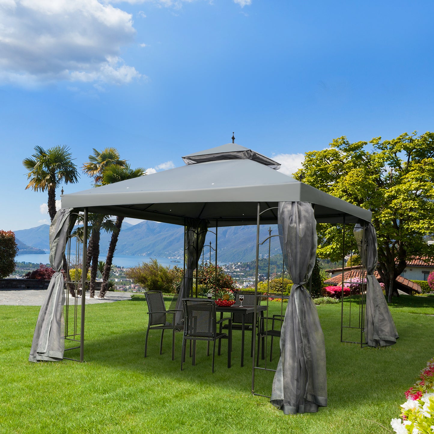 118" Steel Outdoor Patio Gazebo Canopy with Mesh Curtains & Shelves - Gray
