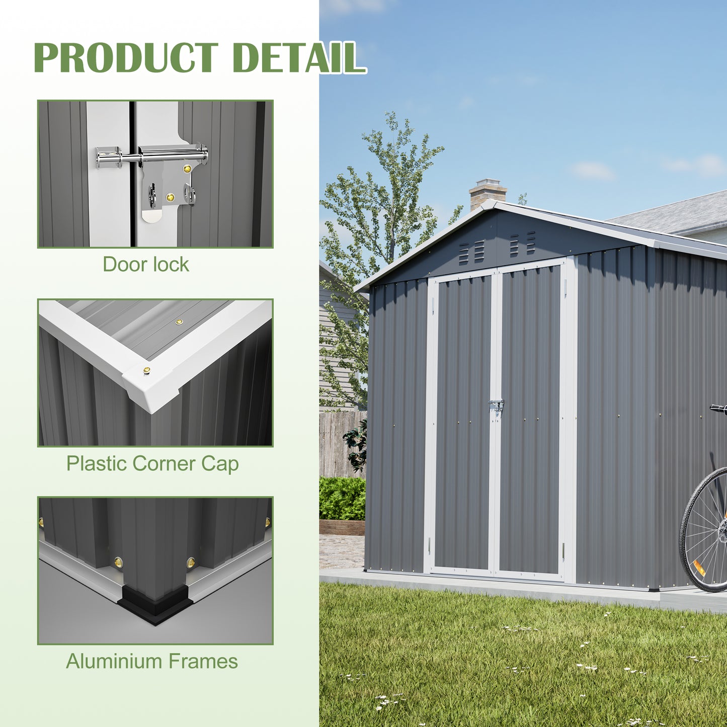 8x12 FT Metal Storage Shed with Side Door - Grey Outdoor Tool Shed
