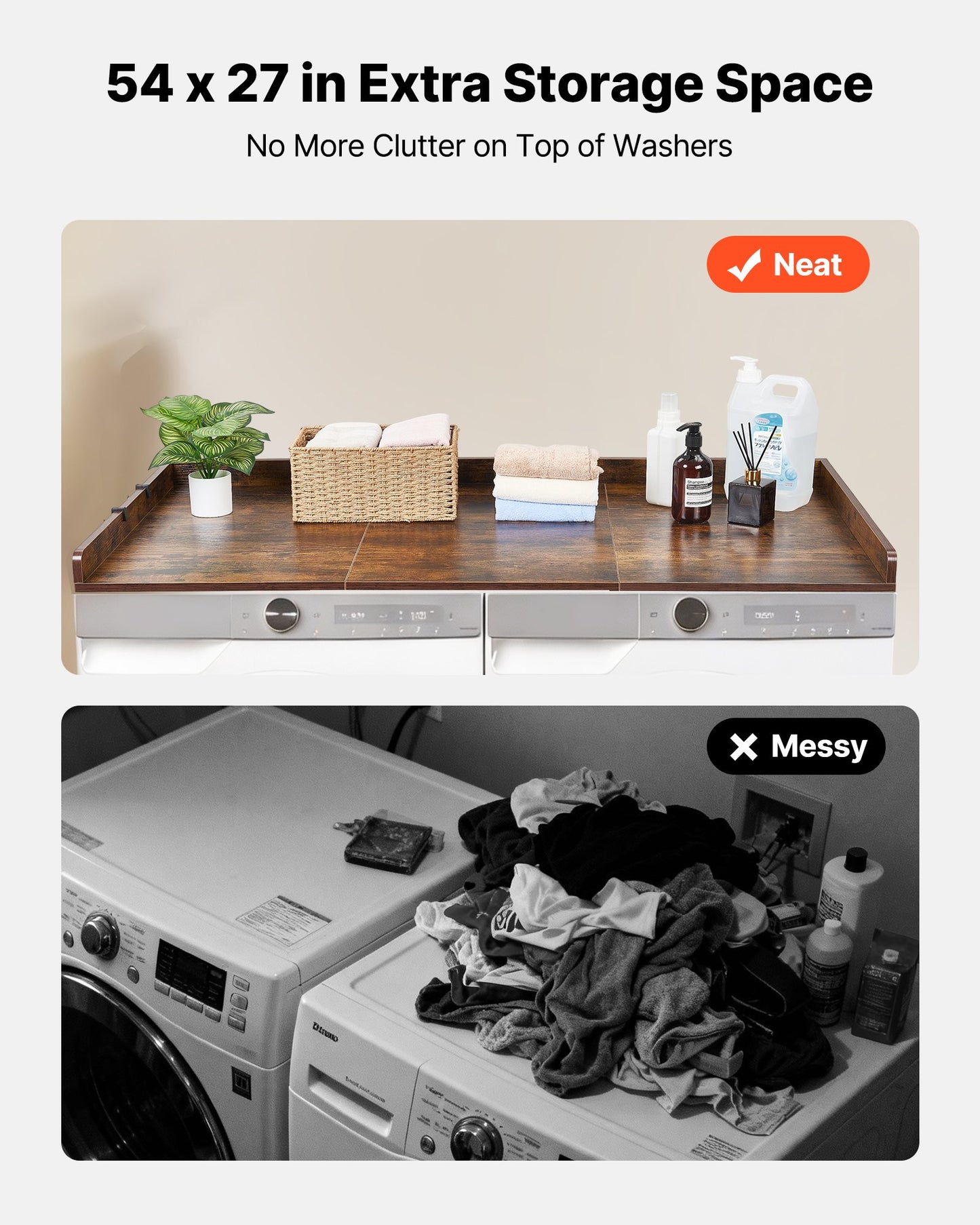 Wooden Washer Dryer Countertop with Edge & Hooks - Water-Resistant Laundry Surface, 54x27.5 in