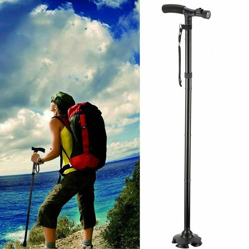 Folding Aluminium Walking Cane with Flashlight - Black