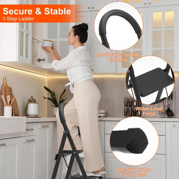 Foldable 3-Step Ladder with 330lbs Load Capacity, Lightweight Steel Construction