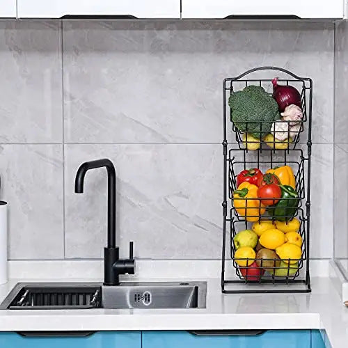 Three-Tier Metal Vegetable and Snack Storage Rack - Foldable Kitchen Organizer