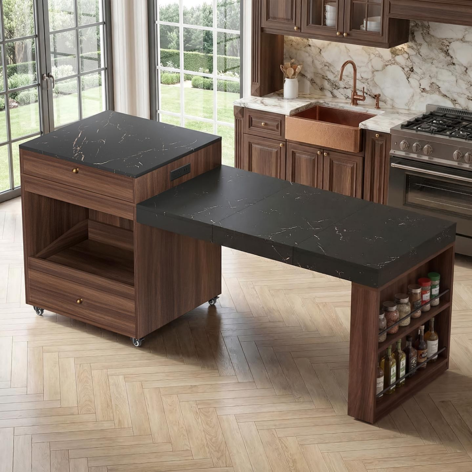 78.8-Inch Rolling Kitchen Island with Extendable Dining Table, Walnut