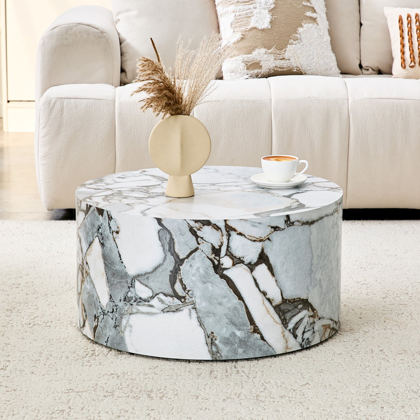 A Simple White Marble Textured Cylindrical Coffee Table, 23.6 Inches