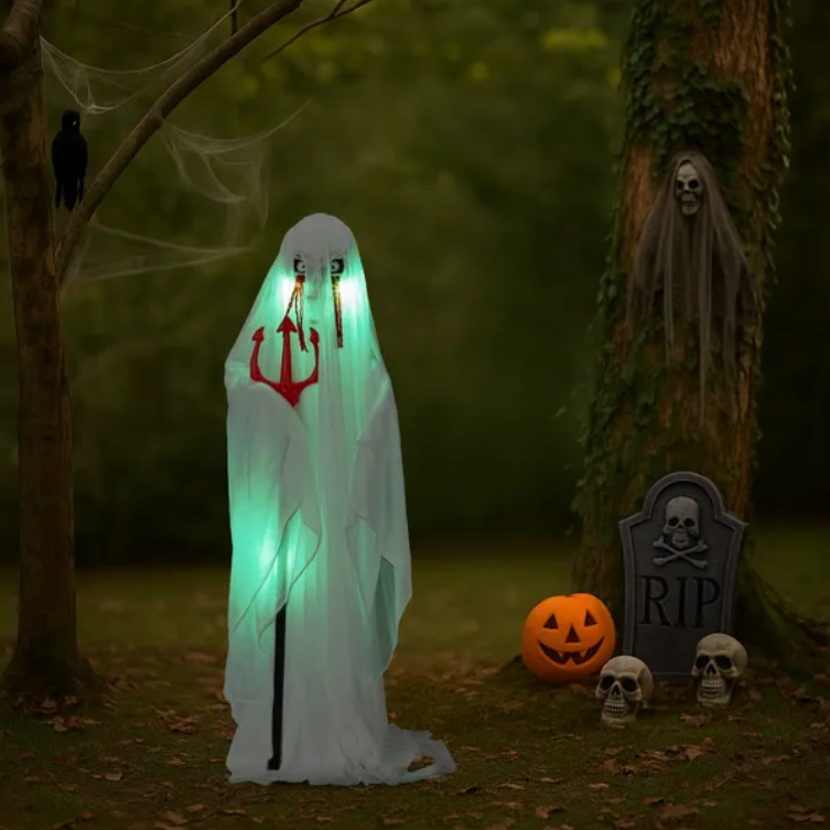 Life Size Animatronic Ghost Decoration with Trident - Sound Activated with Green Lights
