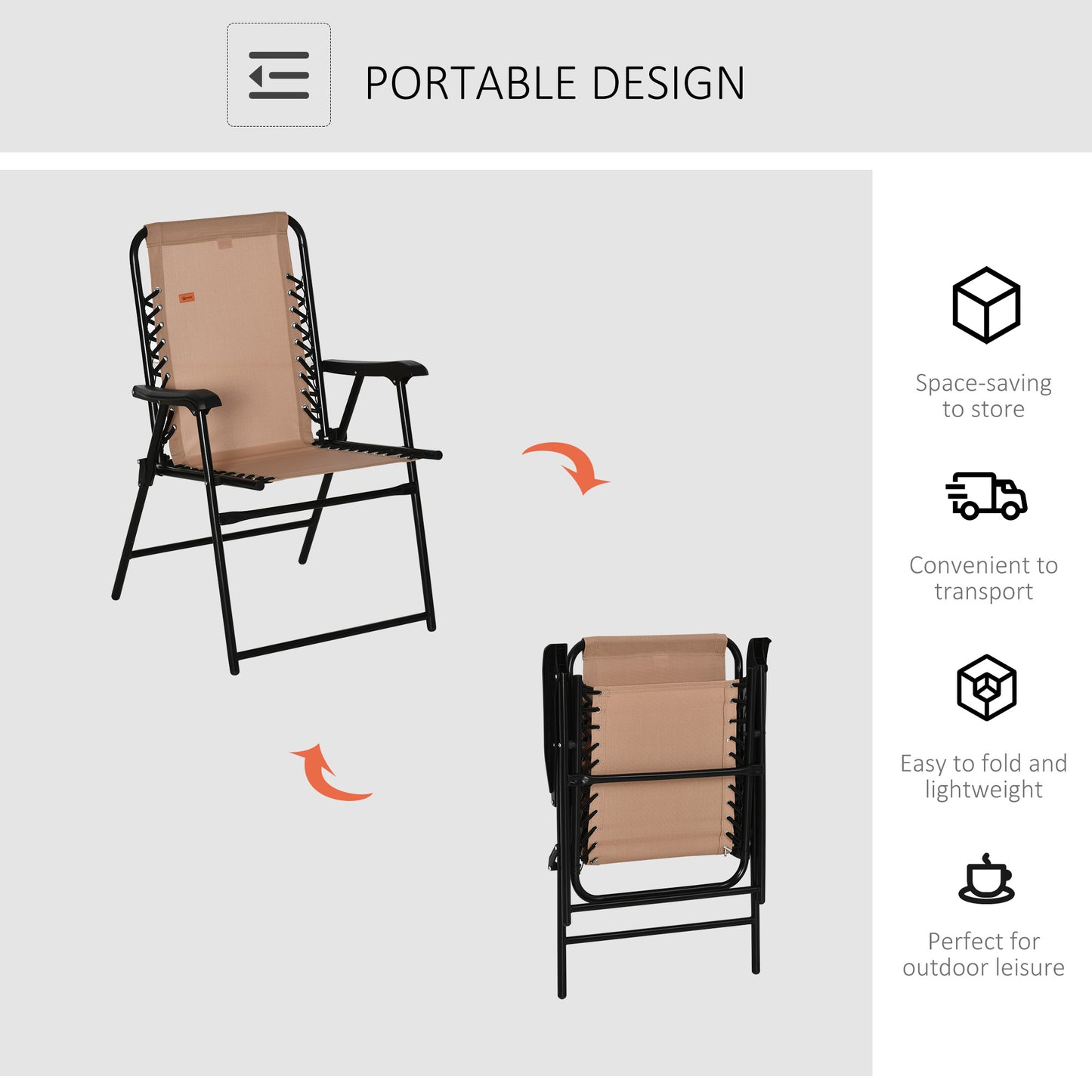 Folding Patio Chair - Portable Bungee Sling with Armrests, Beige