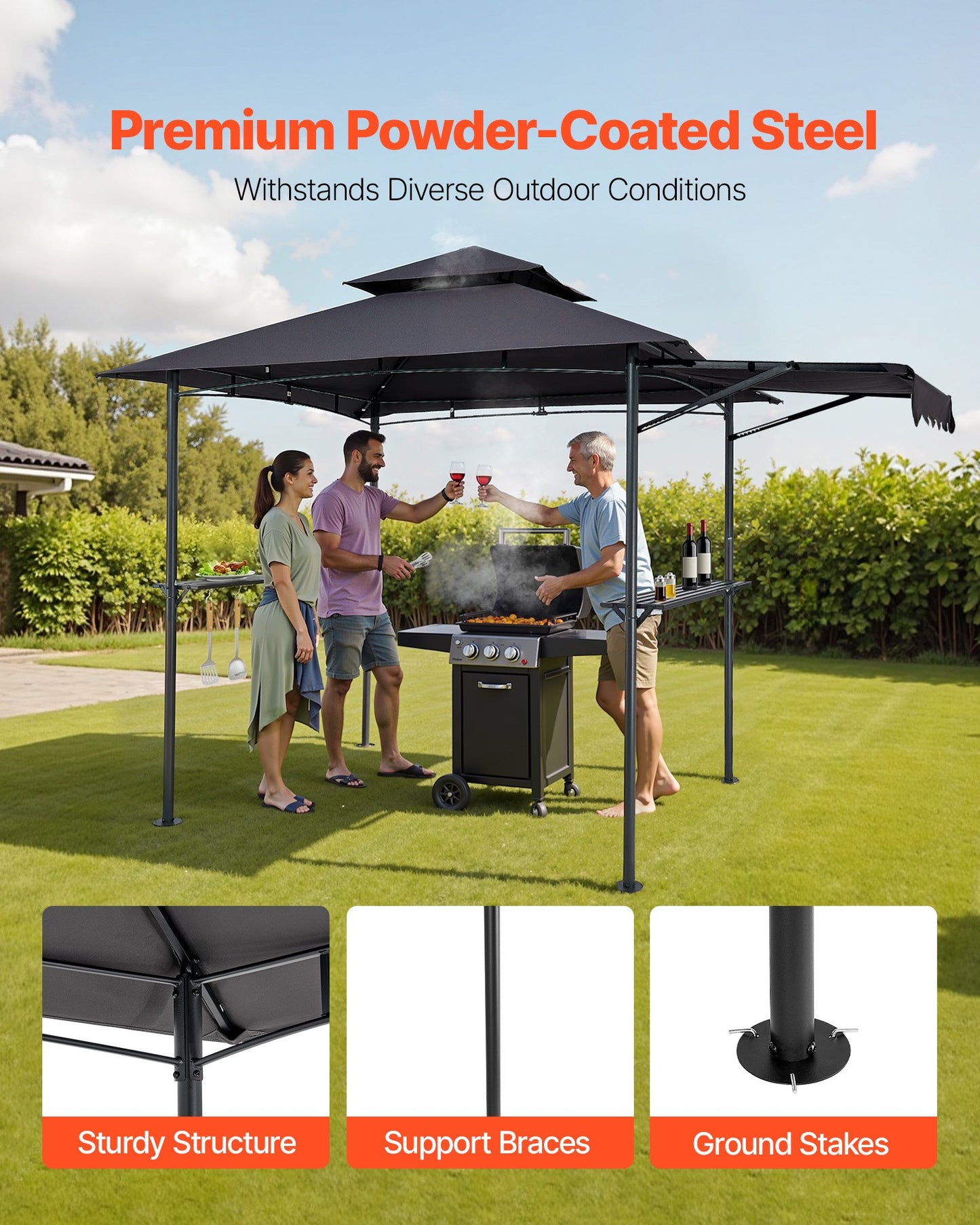 8x5 ft BBQ Gazebo Canopy Shelter with Double-Tiered Roof & Side Awnings