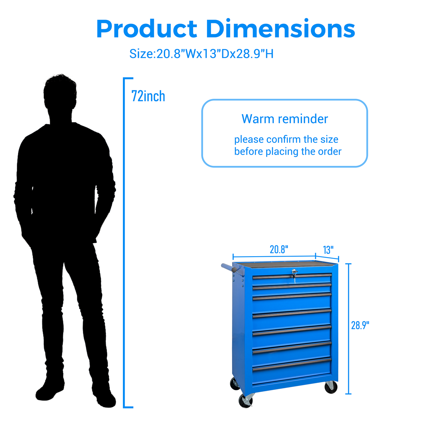 Rolling 7-Drawer Metal Tool Chest - 20" Blue Storage Cabinet