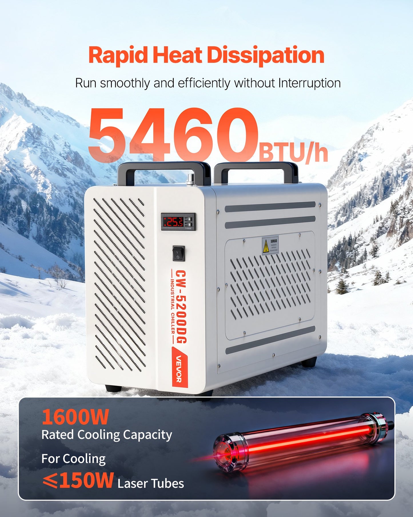 Industrial Water Chiller 5460 BTU/h for Laser Engraving & CNC Machines - 1.8 Gal Tank