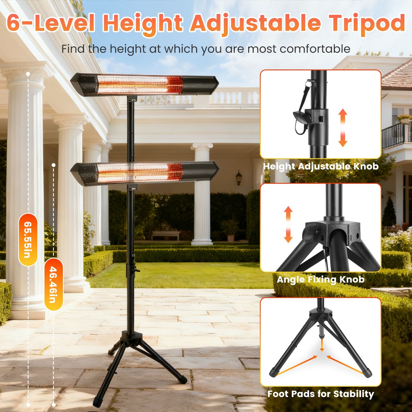 1500W Infrared Patio Heater with Stand and Wall Mount - Waterproof Outdoor Space Heater with Remote Control