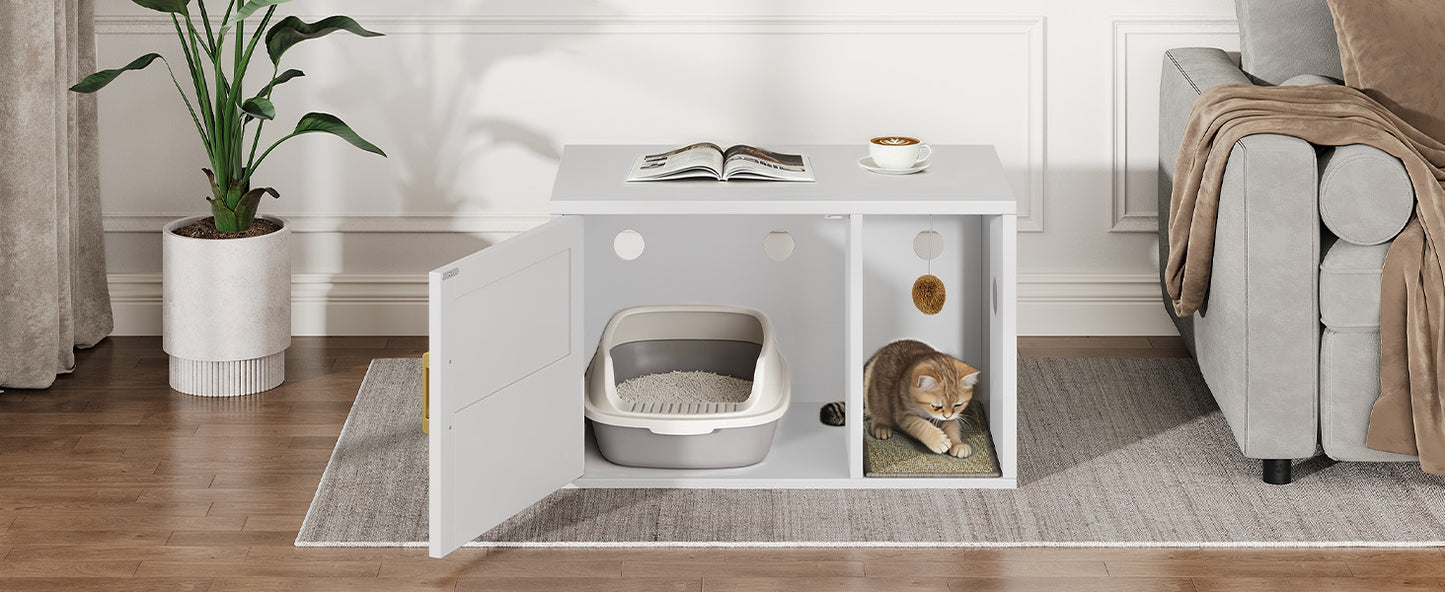 Multifunctional Cat Litter Box Cabinet with Odor Control & Side Table - White