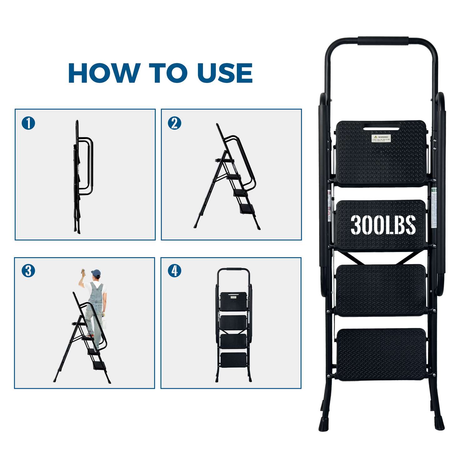 4 Step Folding Ladder Stool with Anti-Slip Pedals - Black
