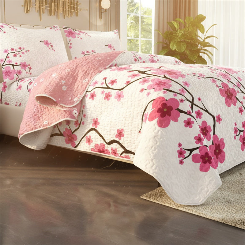 Pink Floral 5-Piece Quilt Set with Pillow Shams & Covers