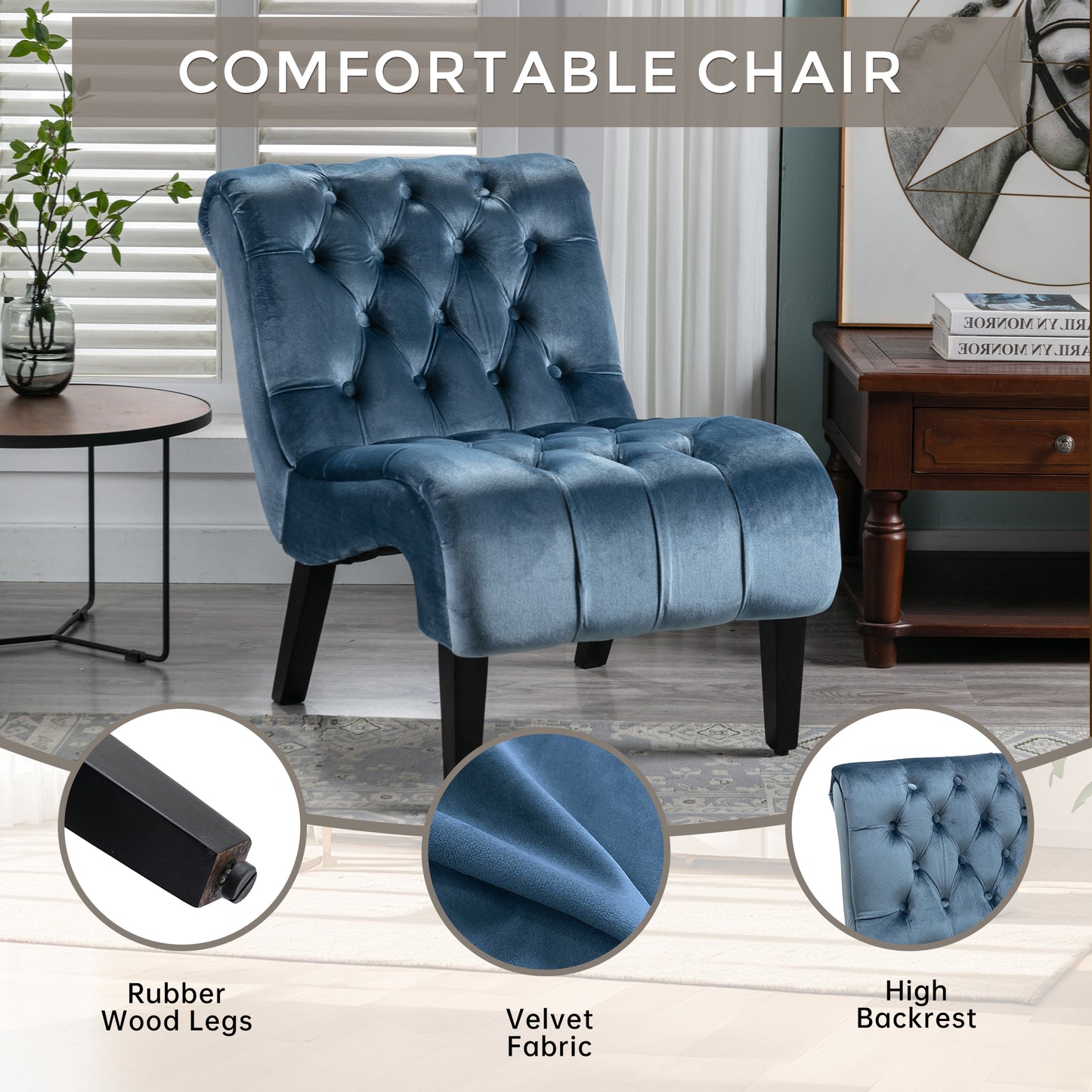 Light Blue Velvet Armless Accent Chair for Living Room & Office