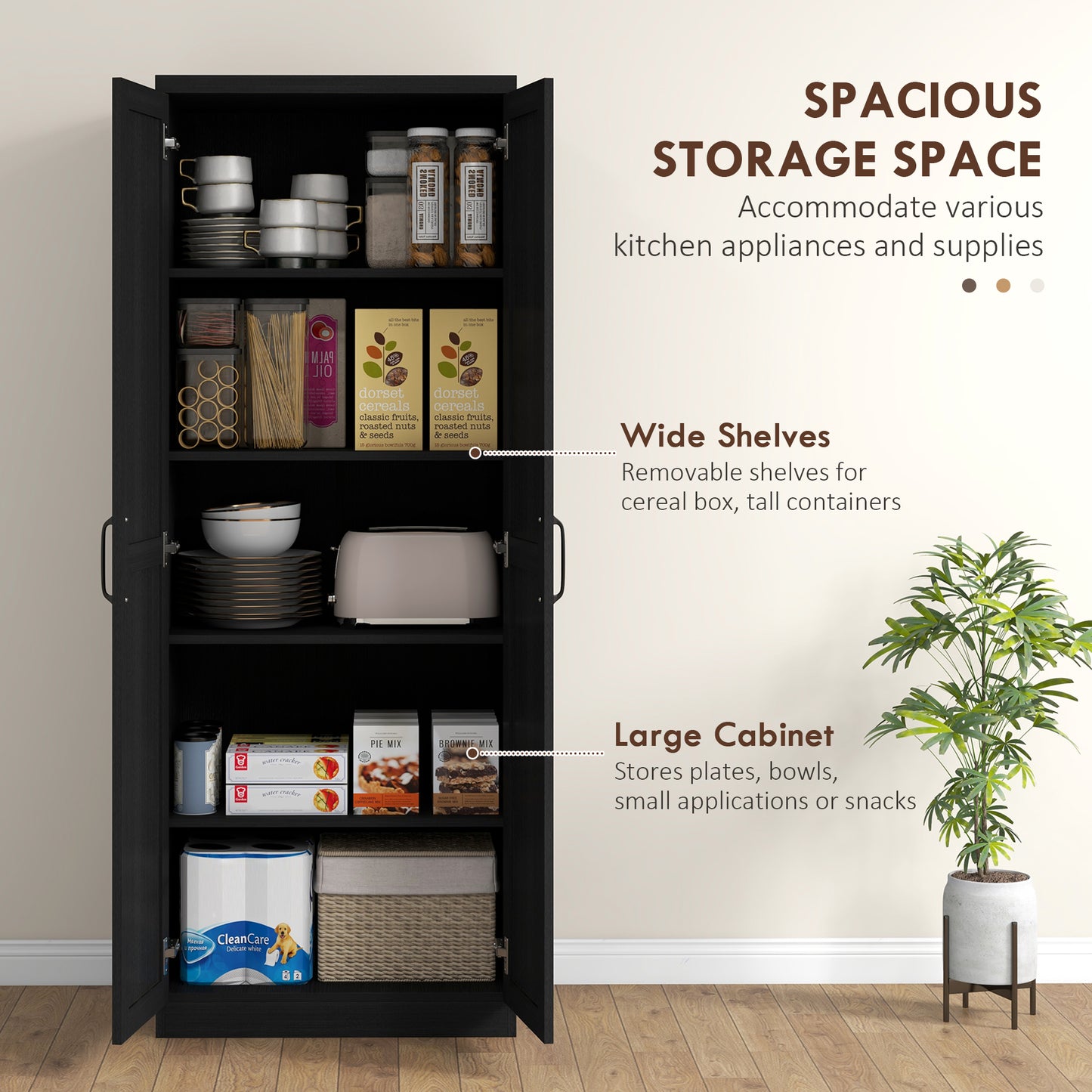 63" Freestanding Kitchen Pantry Cabinet with Adjustable Shelves - Black Wood Grain