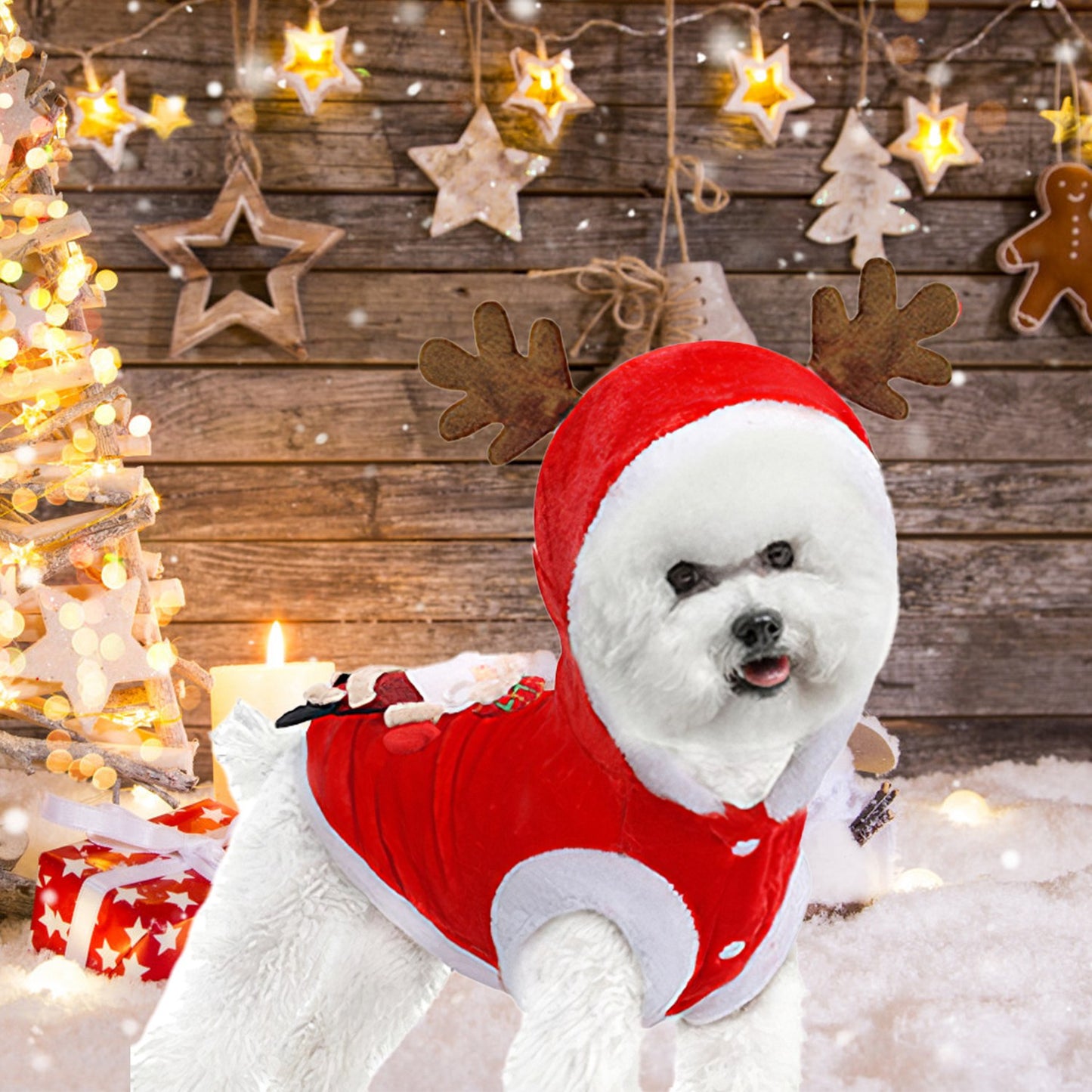 Pet Christmas Costume Santa Reindeer Antlers Winter Outfit for Small Medium Dogs Cats
