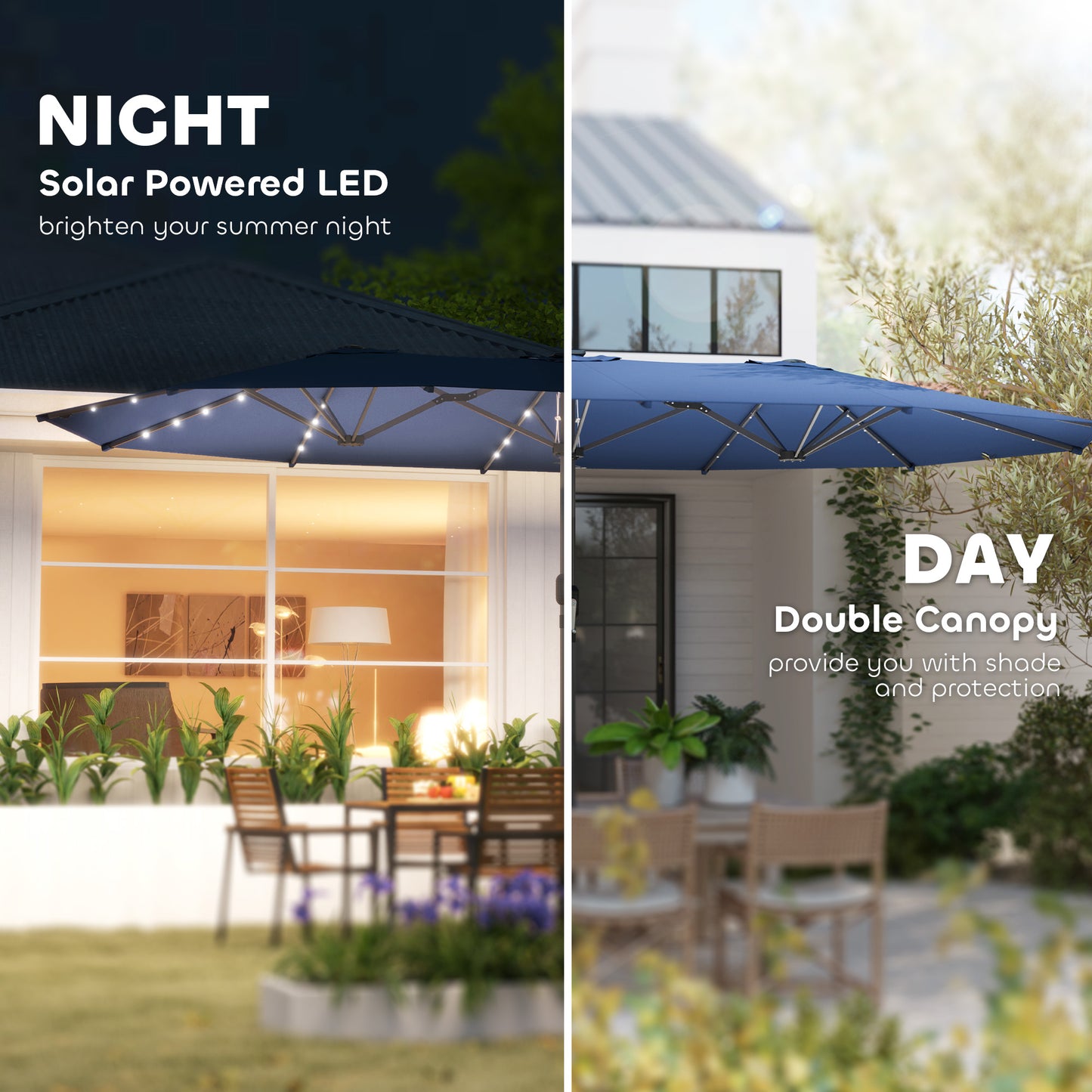 Double-Sided Sun Umbrella with LED Solar Lights - Blue