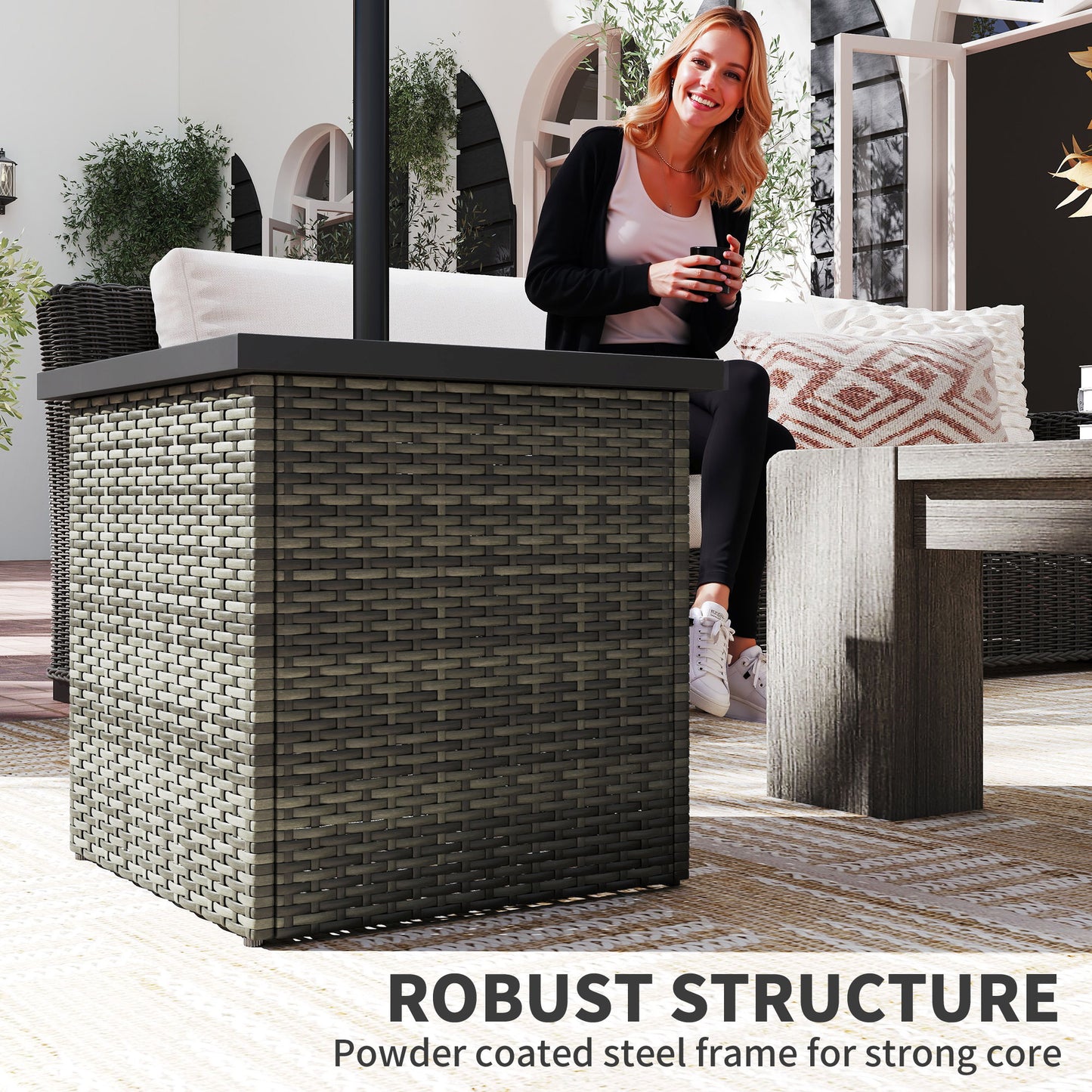 Square Wicker Side Table with Umbrella Hole - Mixed Gray