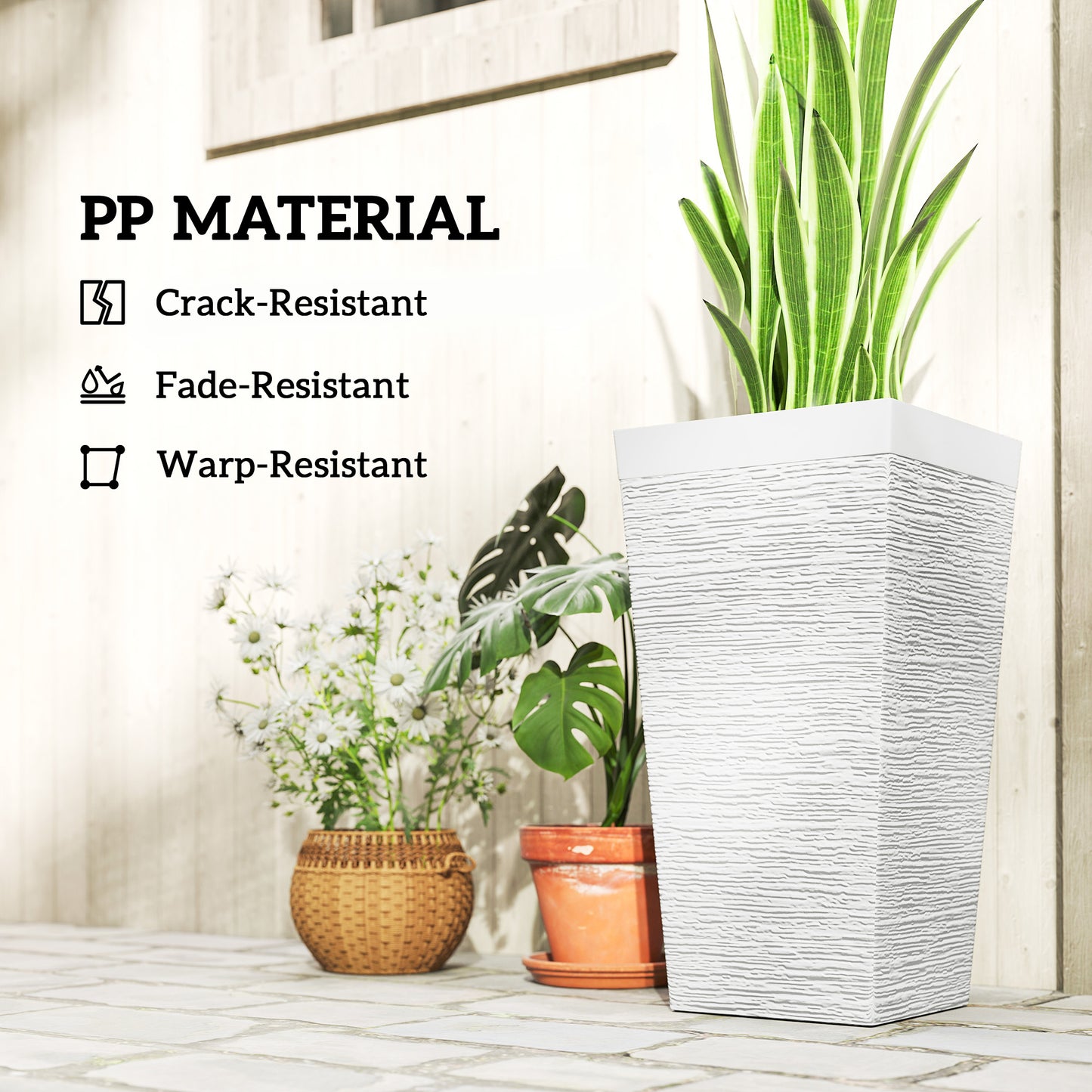 Set of 3 Outdoor Planting Pots with Wheels and Stone Finish - White, 22.8 Inch Tall