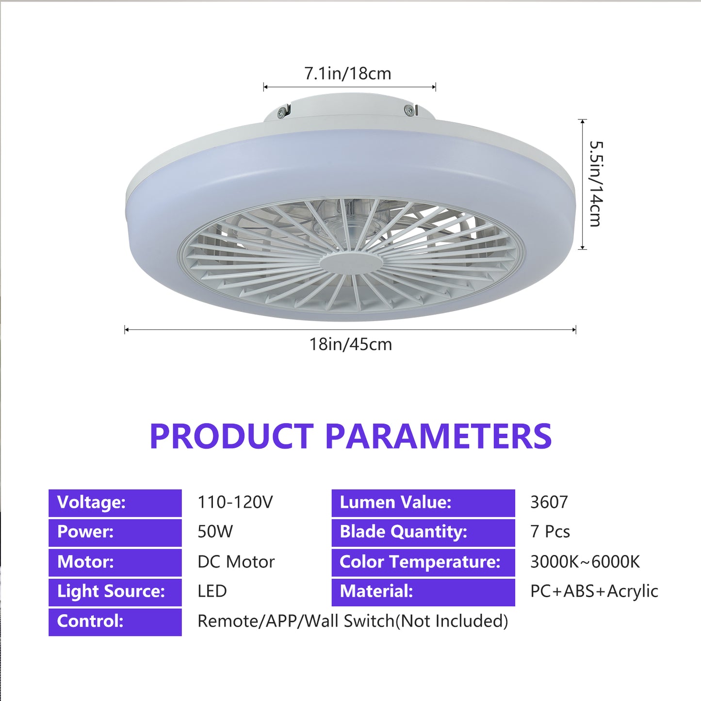 18 Inch Ceiling Fan with RGB LED Light Remote Control Dimmable Low Profile