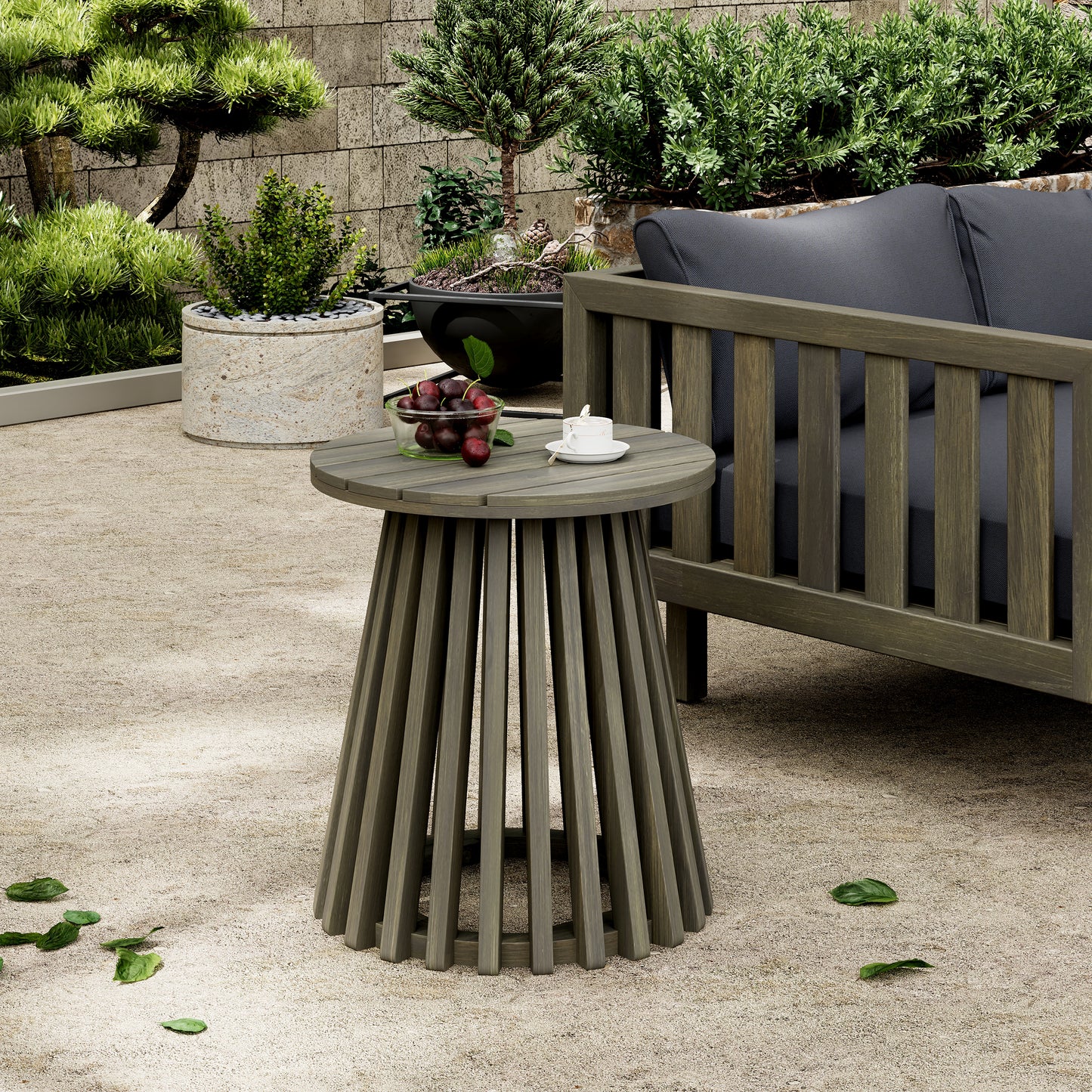 Outdoor Acacia Wood Patio Side Table, Round Coffee Table For