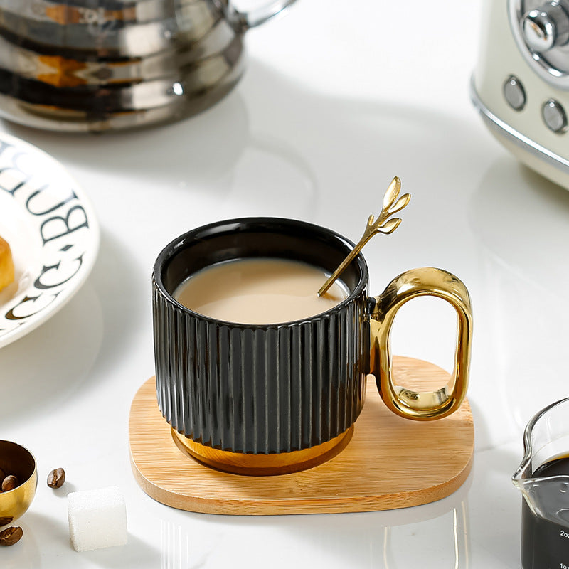 Ceramic Coffee Mug Set with Wooden Coaster and Spoon - Multiple Colors & Capacity
