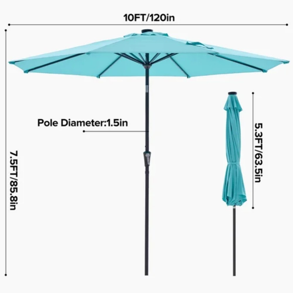 10 Ft Patio Umbrella with LED Solar Lights Outdoor Sun Shade Lake Blue
