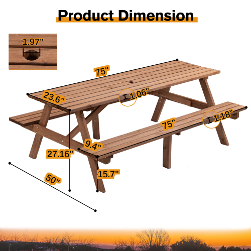 8-Person Brown Wooden Picnic Table with Benches - 2220lb Capacity