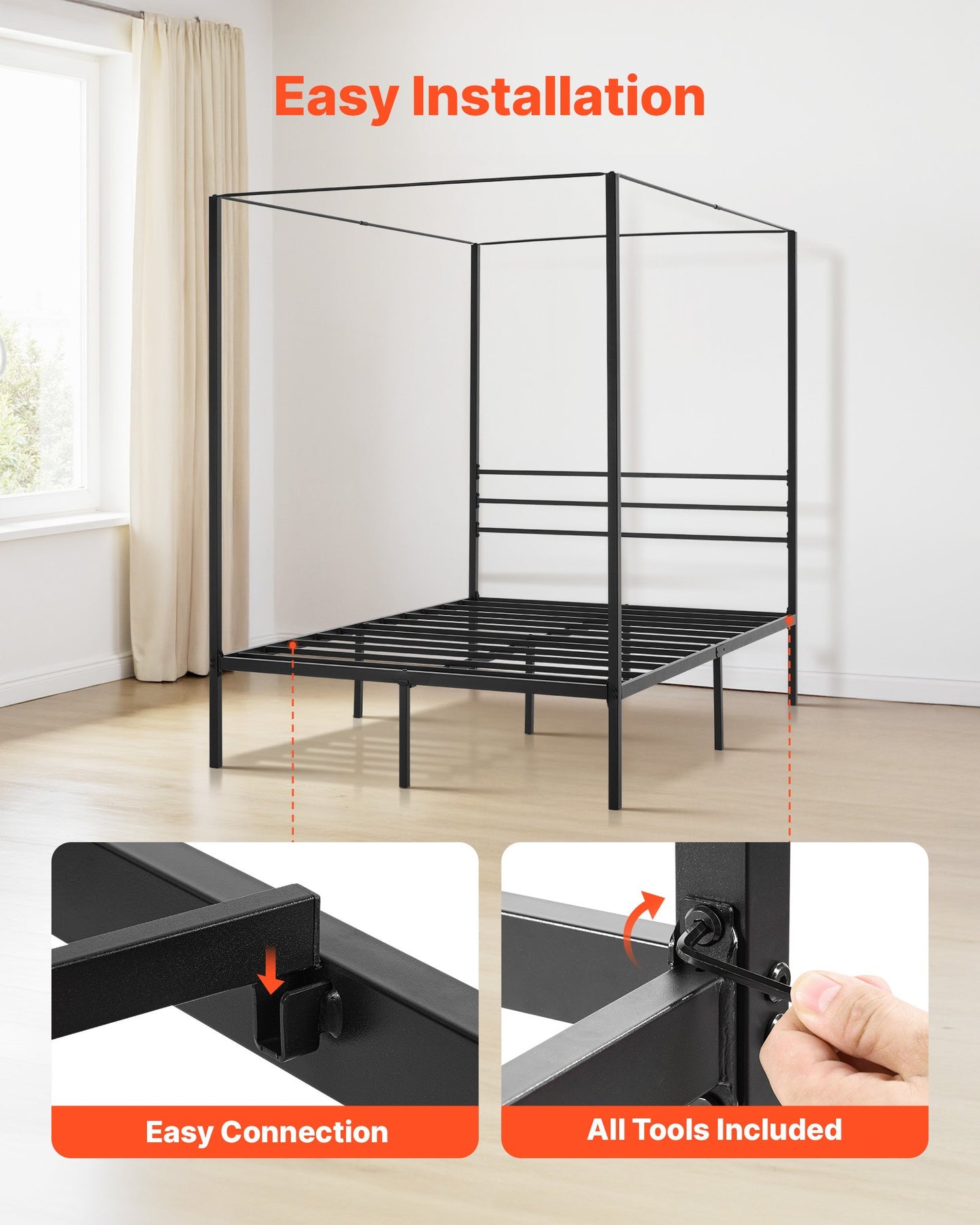 Full Size Metal Canopy Bed Frame with Four Posters, Heavy Duty Steel Slats, Underbed Storage, Easy Assembly - Black