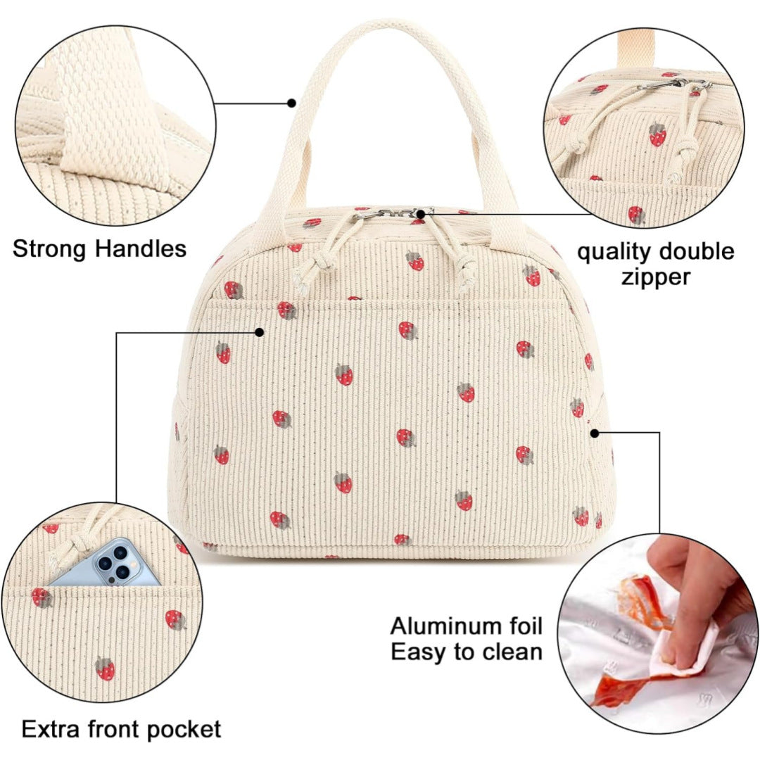Large Capacity Insulated Lunch Bag - Corduroy Bento Tote with Fresh-Keeping Design