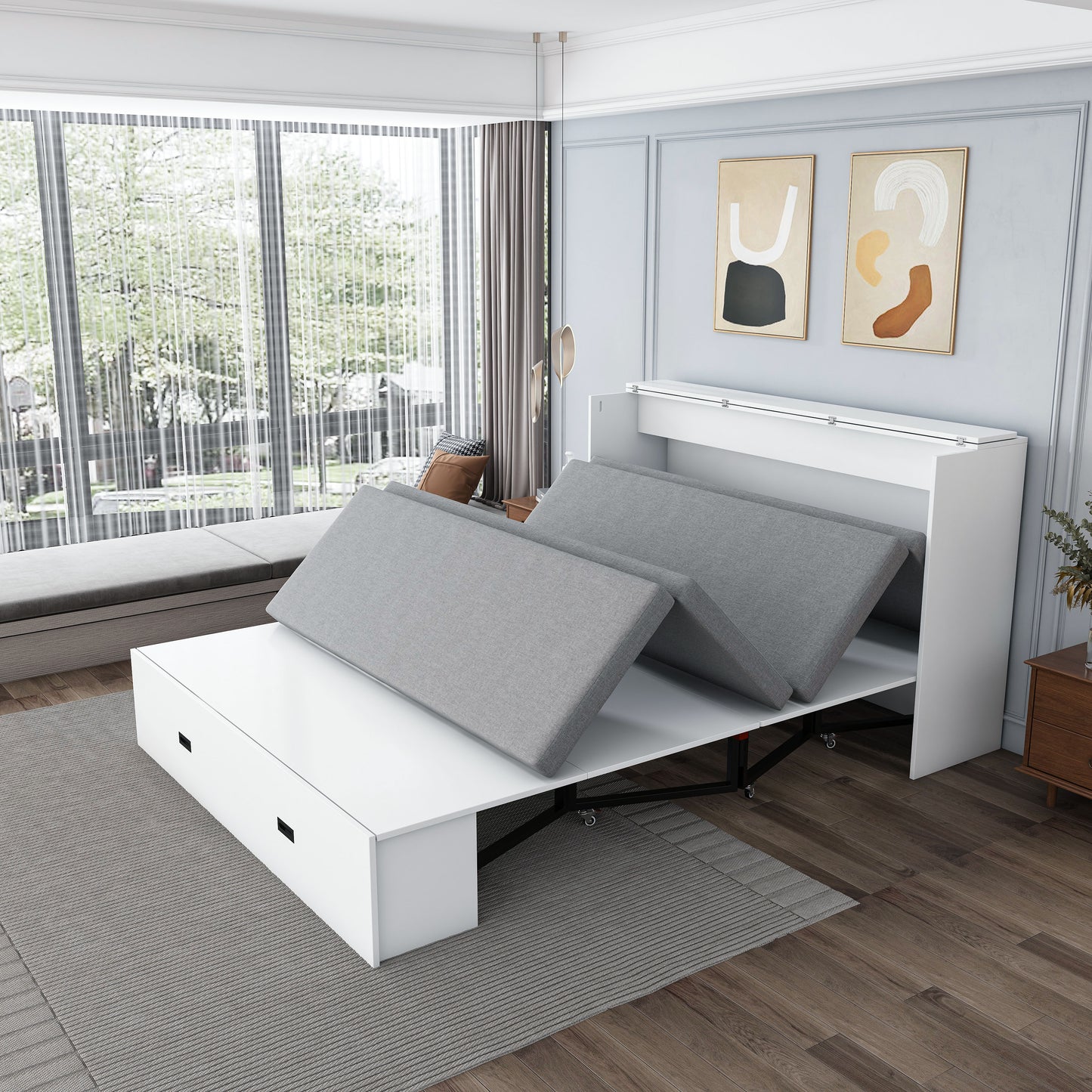 57 Inches Murphy Bed, With Storage Drawers And Charging Cabinet,