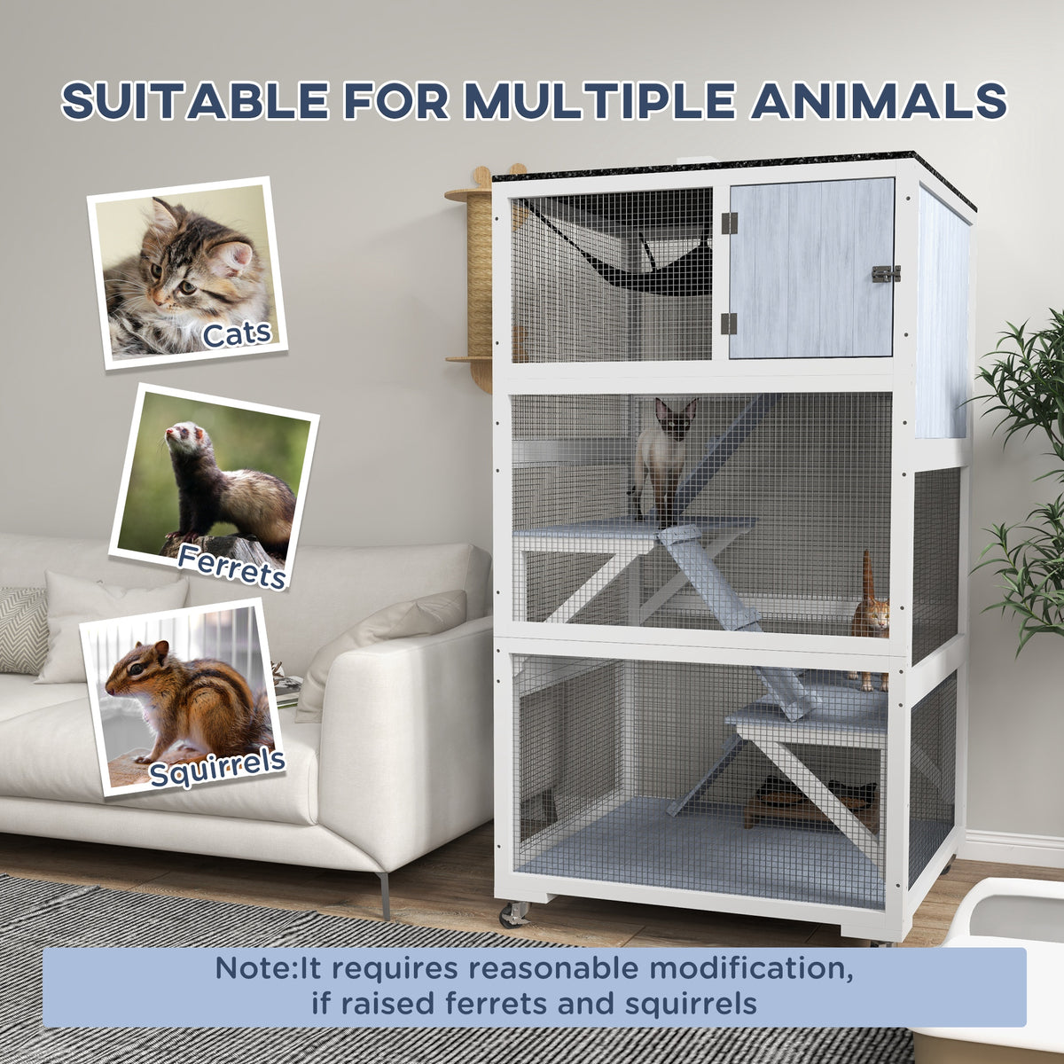 Outdoor Cat Enclosure House with Wheels, Hammock & Ramps, Gray - 970x630x335mm