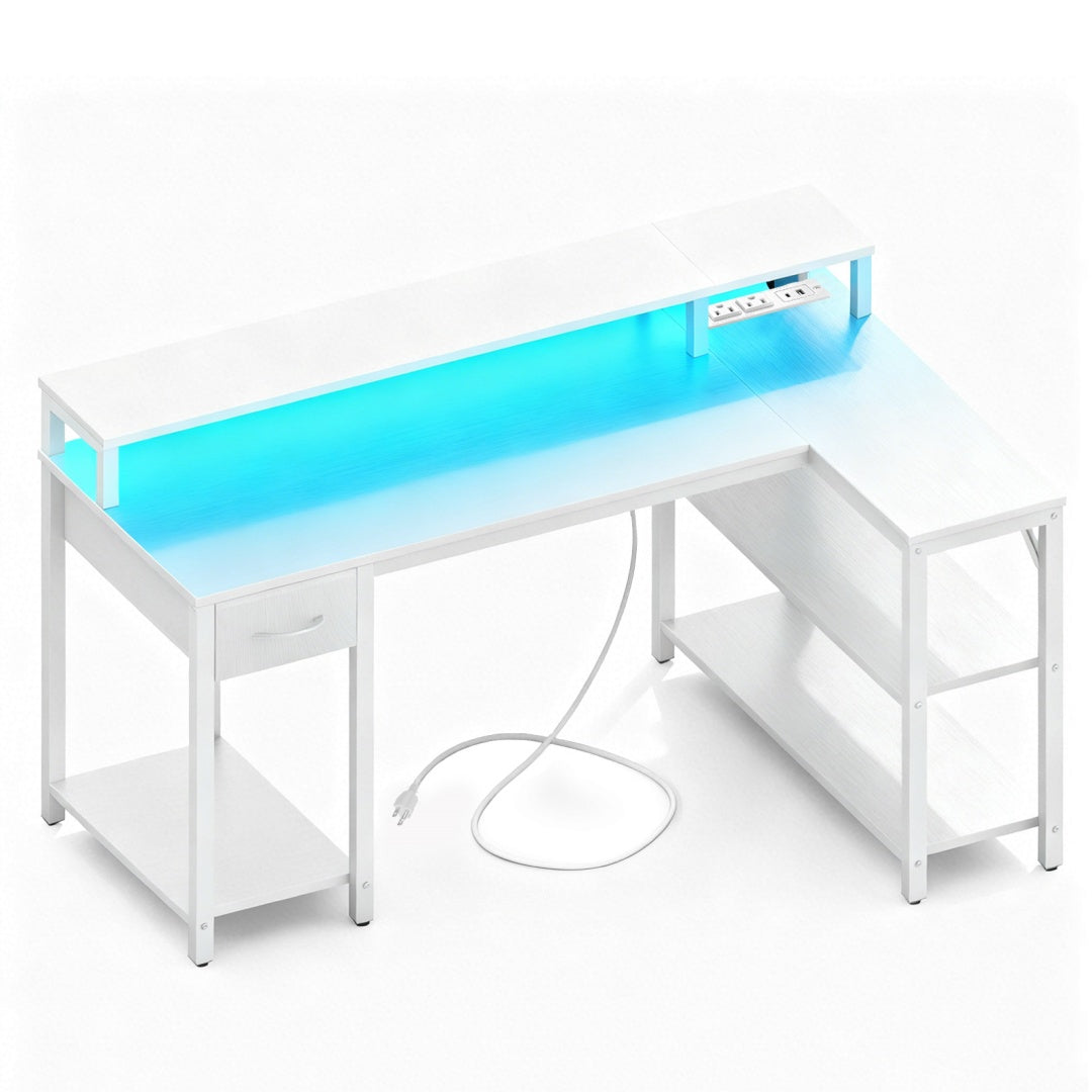 L-Shaped Gaming Table with USB Charging & LED Light