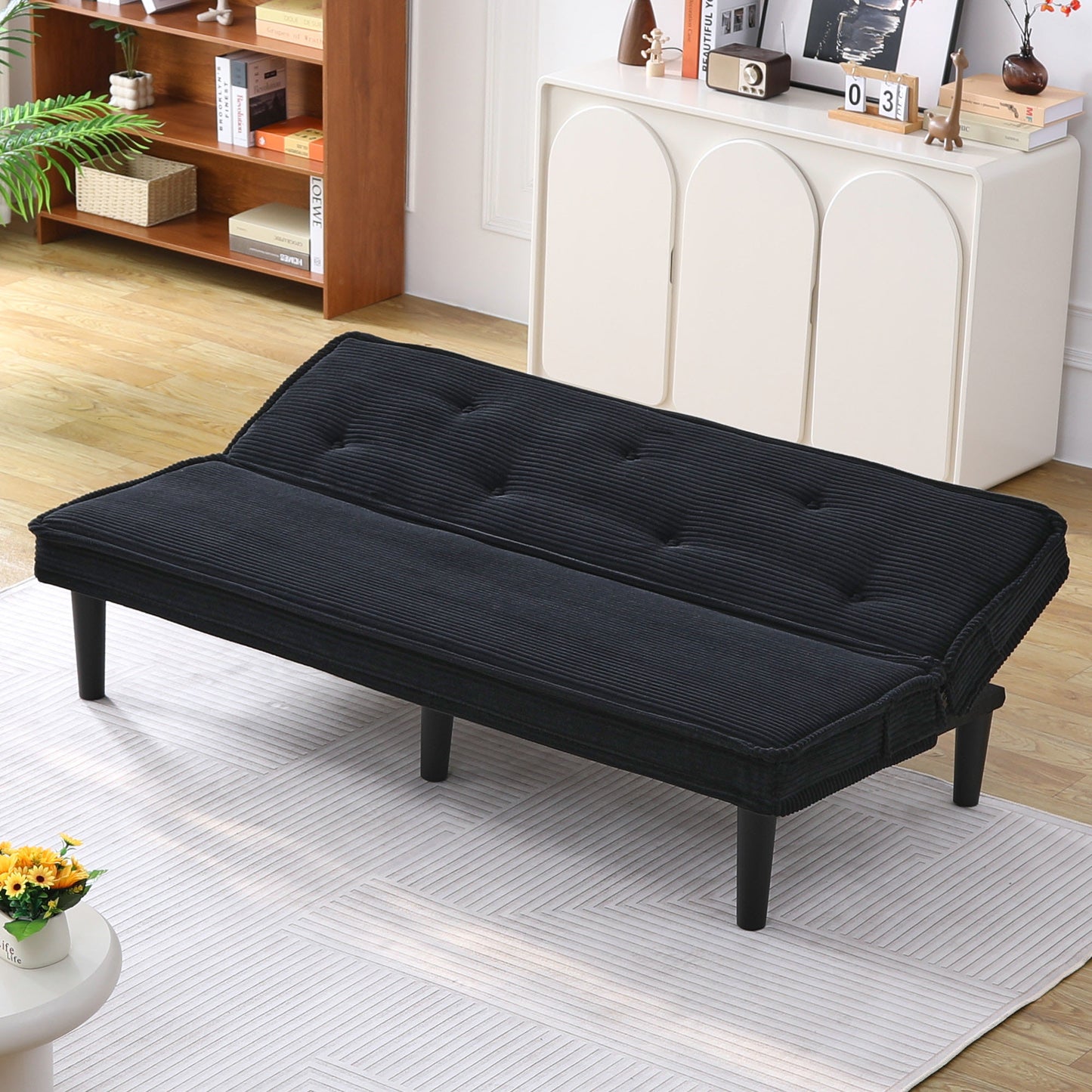 66-Inch Black Corduroy Sofa Bed - Versatile & Comfortable Design