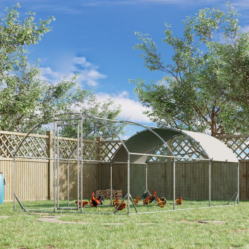Large Metal Chicken Coop with Waterproof Cover - Walk-In Yard Fence, Silver