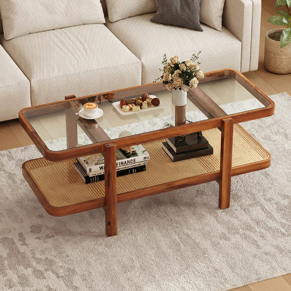 2-Tier Coffee Table With Storage And Tempered Glass Tabletop PE