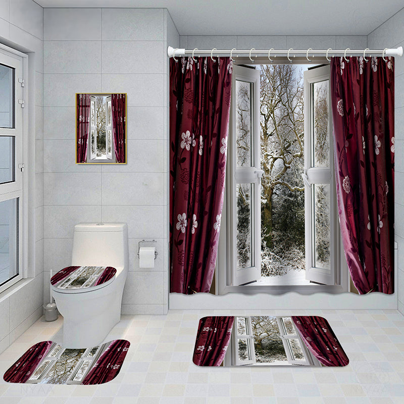 Bathroom 5-Piece Shower Curtain Set with Mat and Decorative Aluminum Frame