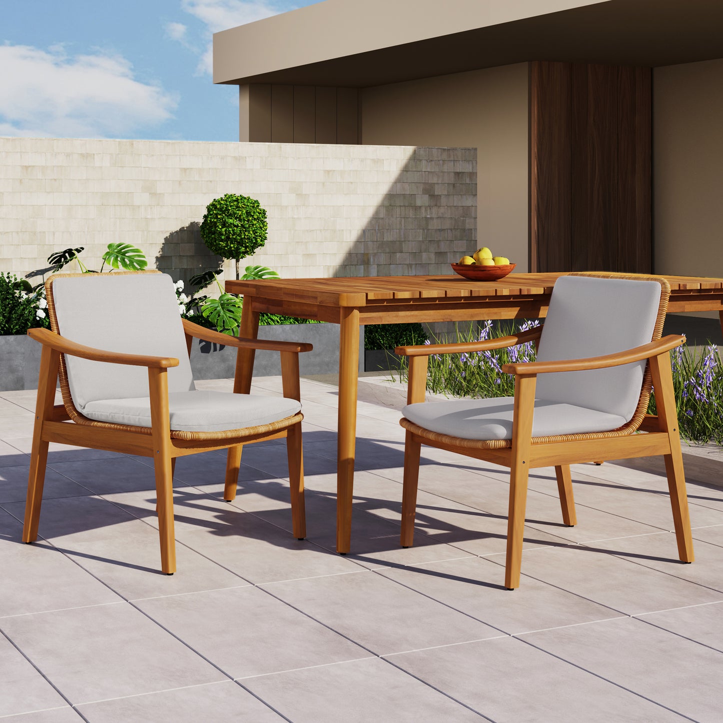 Outdoor Dining Chairs Set of 2 - Teak Acacia Wood, Grey Cushion