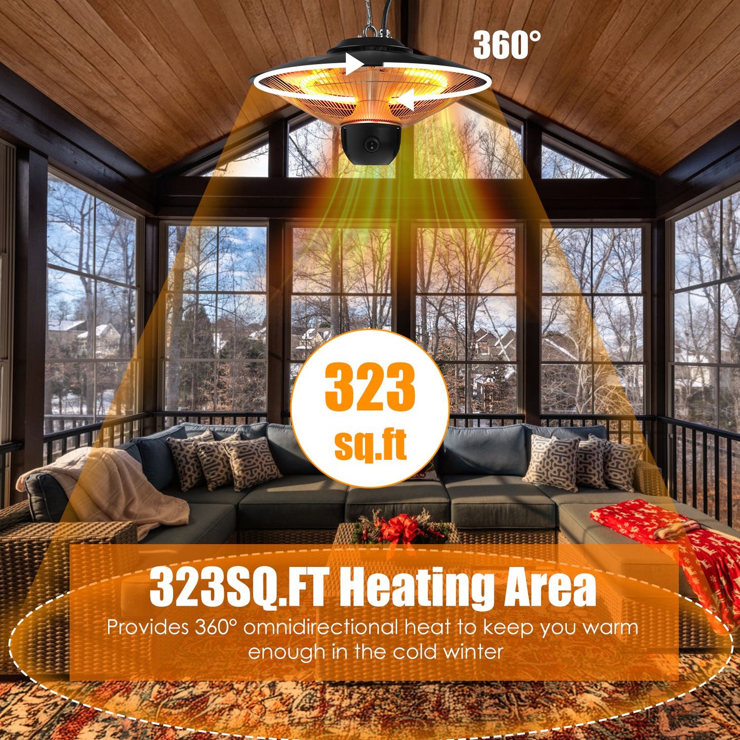 1500W Outdoor Ceiling Mount Patio Heater IP23 Waterproof with Remote & Timer - Black