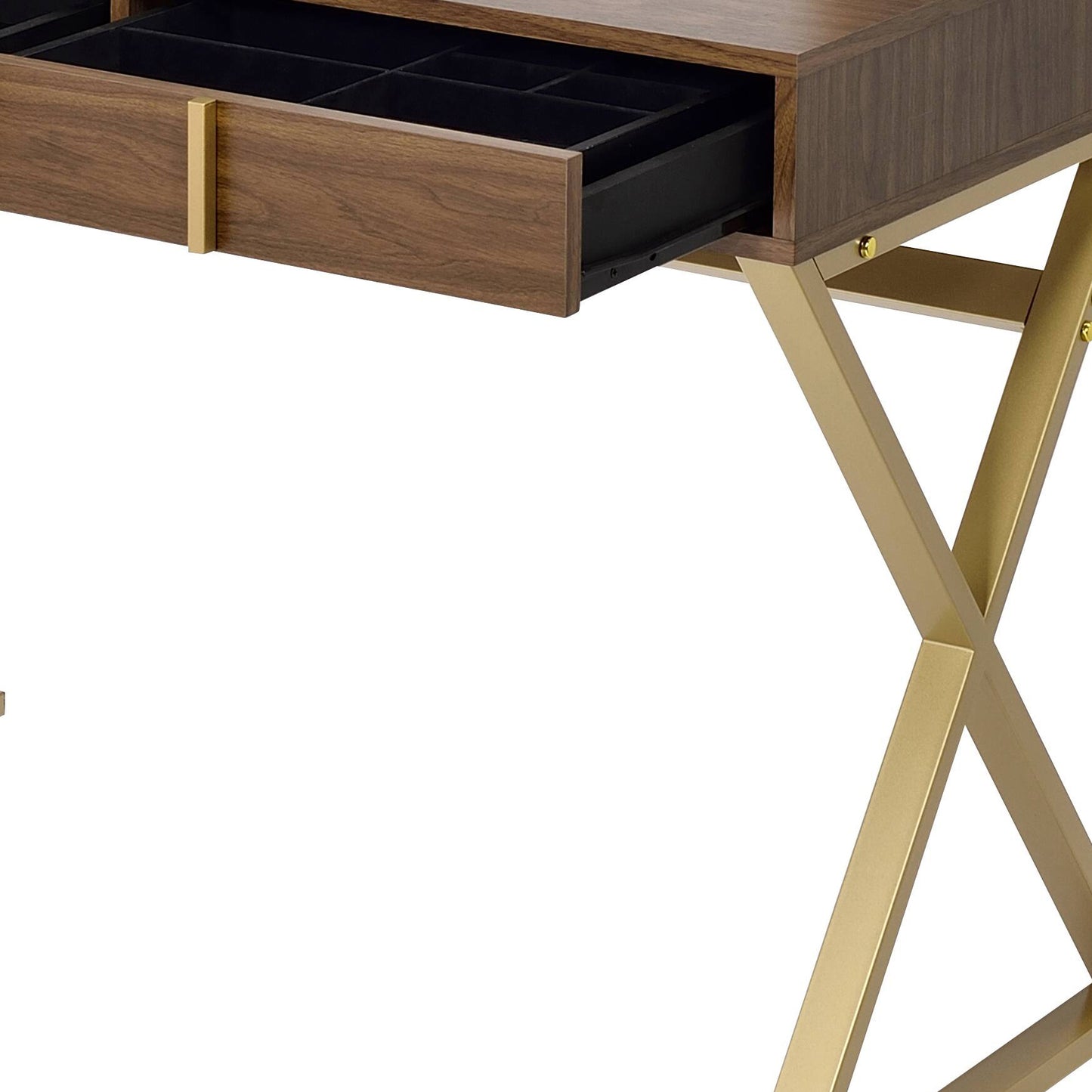Walnut & Gold Finish Vanity Desk with Mirror & Jewelry Tray