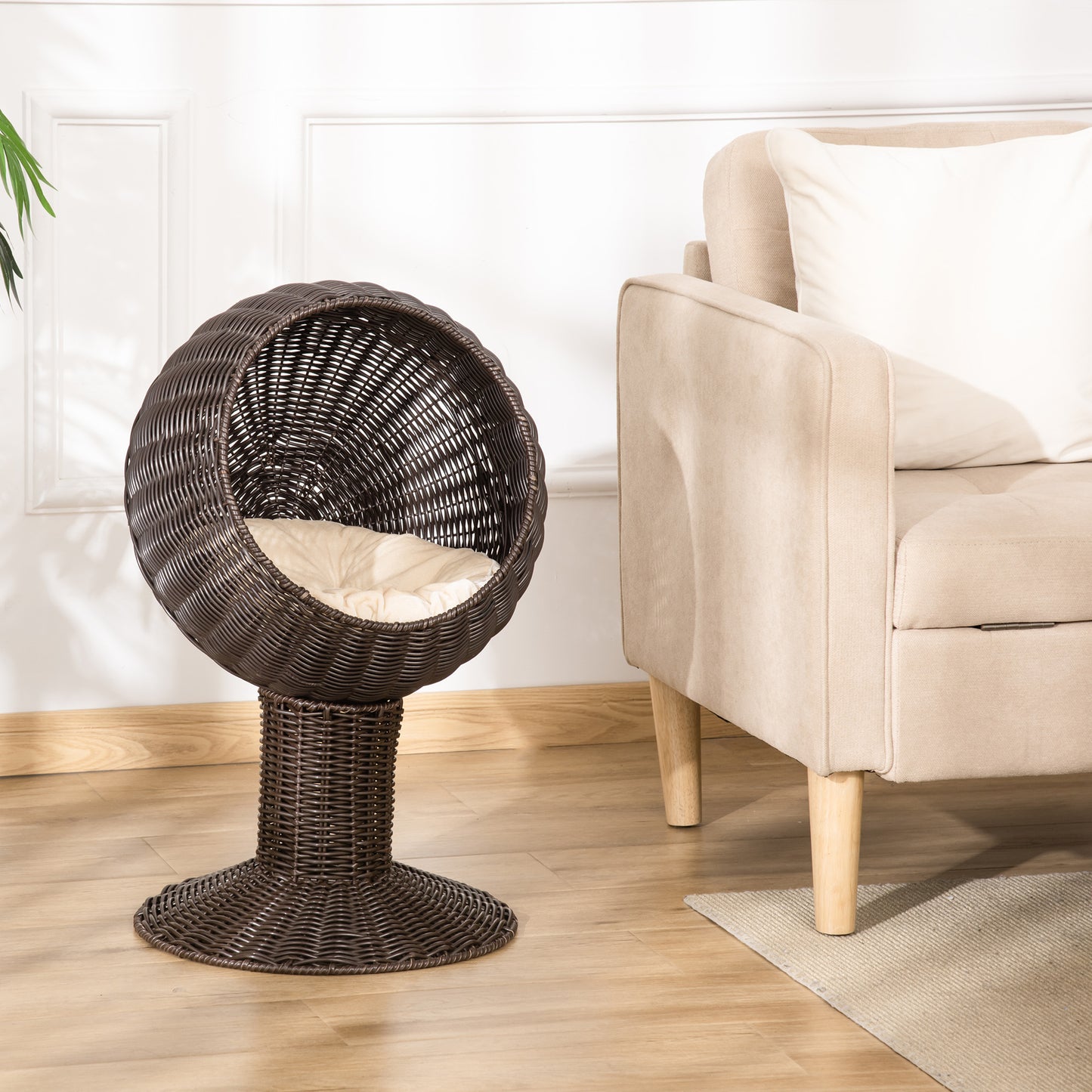 Elevated Cat Bed with Rotatable Egg Chair Pod, Cozy Woven Kitty House - Coffee 450x430mm