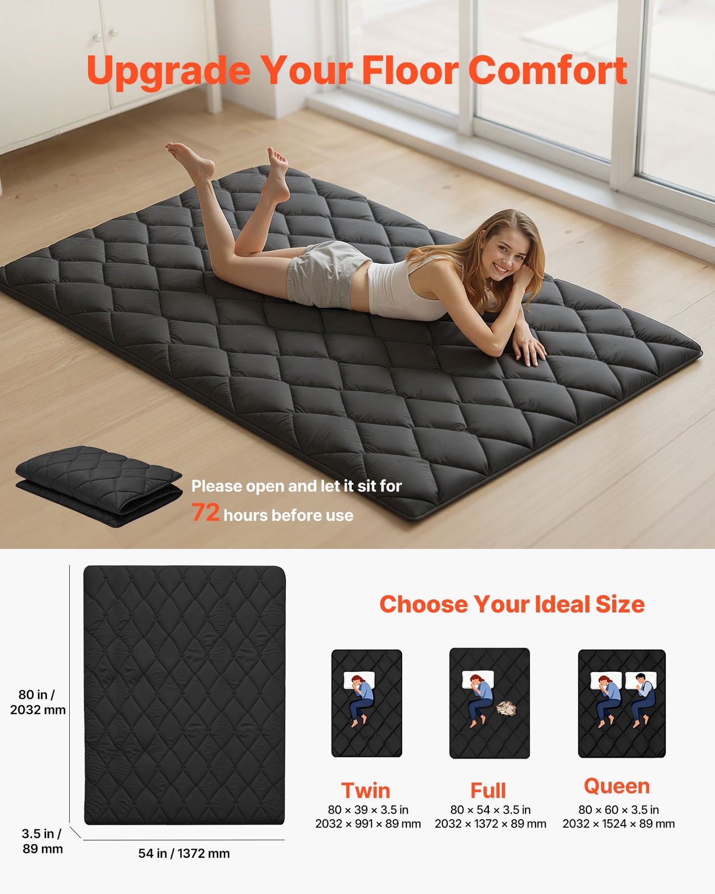 Foldable Japanese Tatami Mattress - 9-Layer Support Foam, Storage Bag, 80x54in