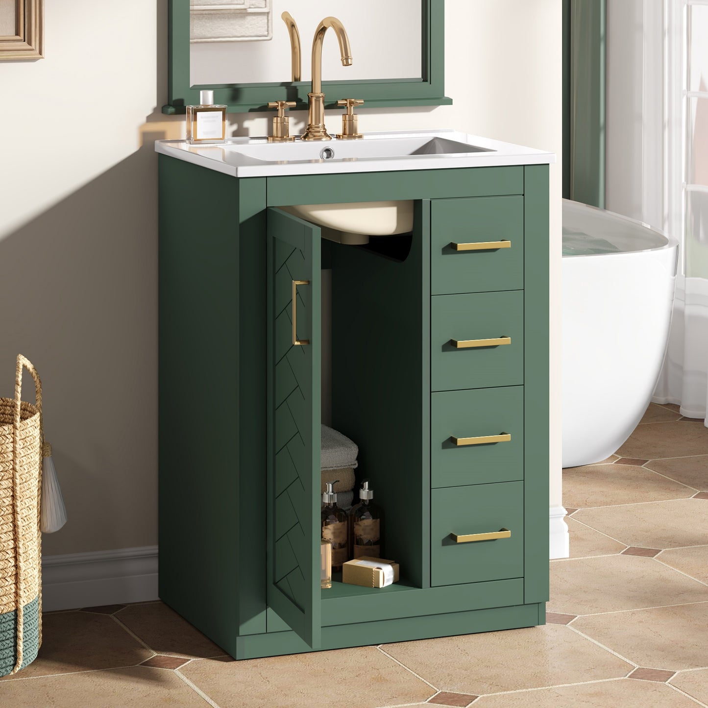24" Green Bathroom Vanity with Integrated Ceramic Sink & 3 Drawers