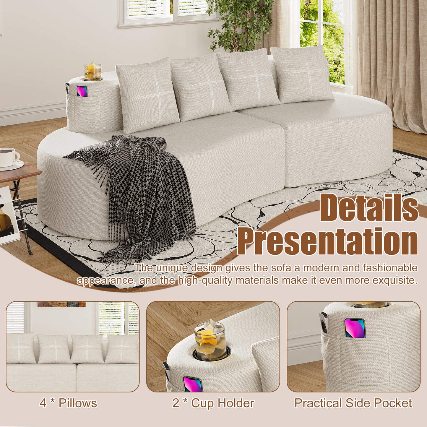 3-Seat Modern Curved Sectional Sofa - Beige Minimalist Design
