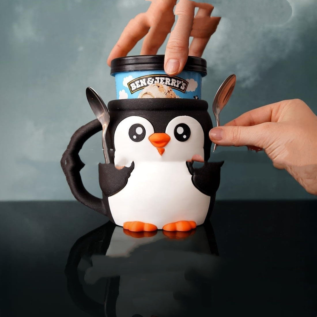 Cute Penguin Ice Cream Pint Rack - Ceramic Kitchen Decor & Storage