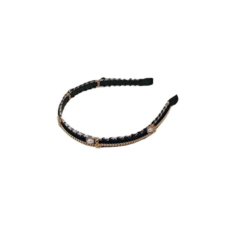 French Maiden Pearl Headband for Women - Retro Plaid Style, Black