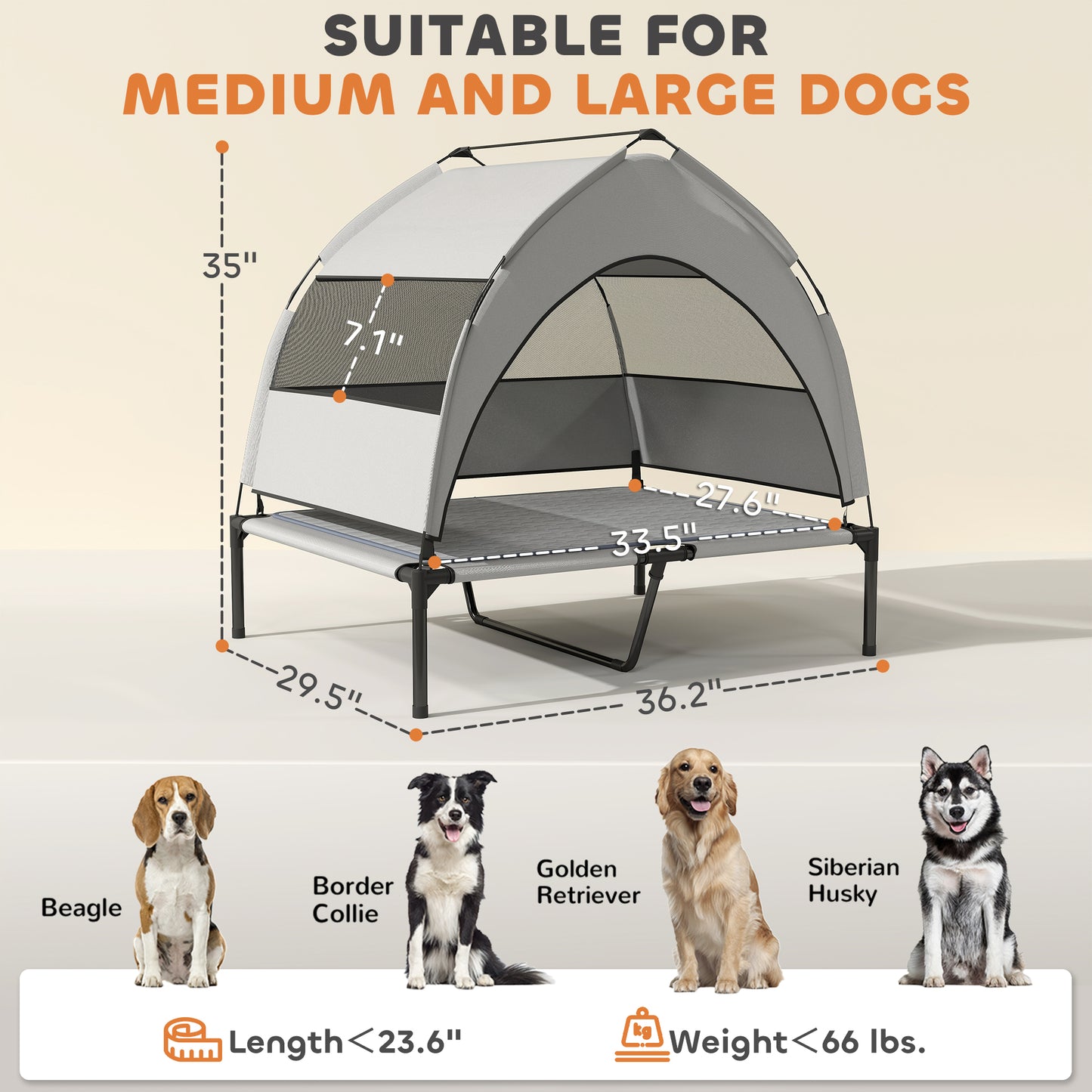 Elevated Dog Bed with Canopy & Cooling Pad - Portable Grey Cot