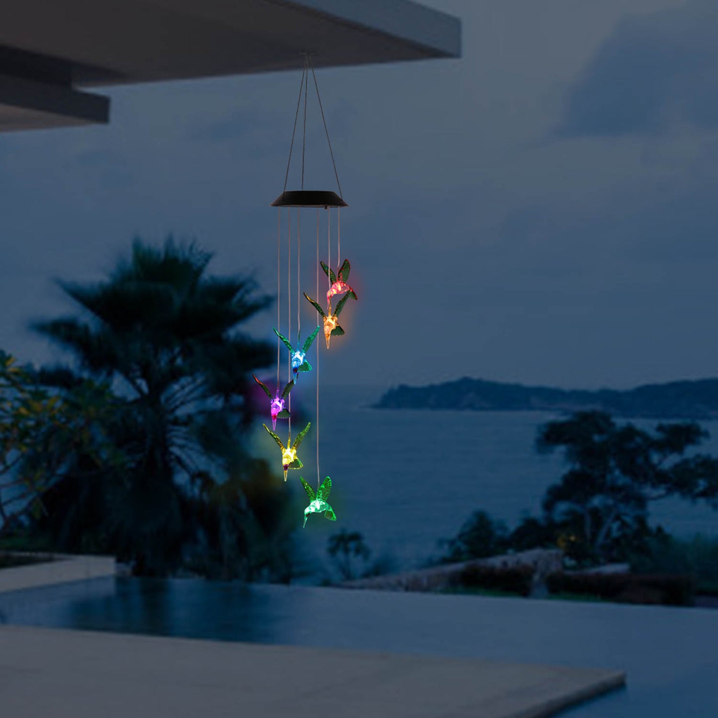 Solar Hummingbird Wind Chime with Color-Changing LED String Lights - Waterproof Garden Decor