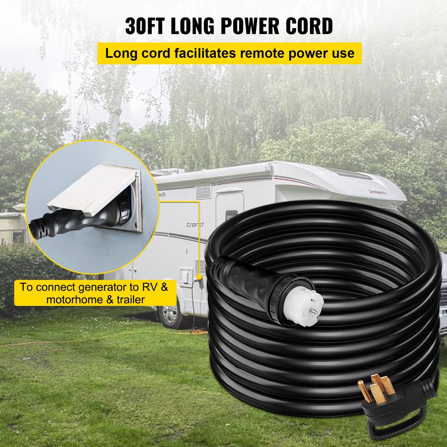 30Ft 50Amp Generator Power Cord STW Heavy Duty 6/3 + 8/1 Twist Lock Black