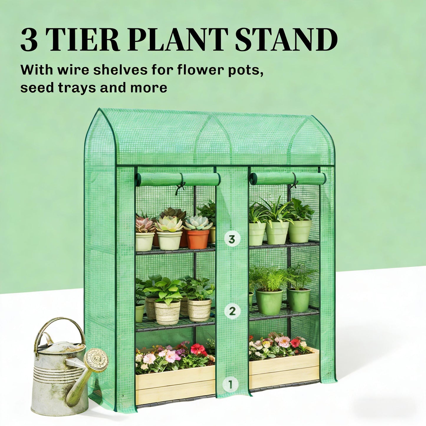 Portable Mini Greenhouse with Three-Tier Plant Shelf - Green